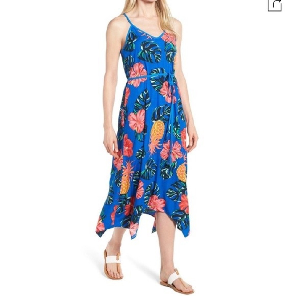 Tommy Bahama Pina Colada Midi Slip Dress Blue Tropical Pineapple Size Medium